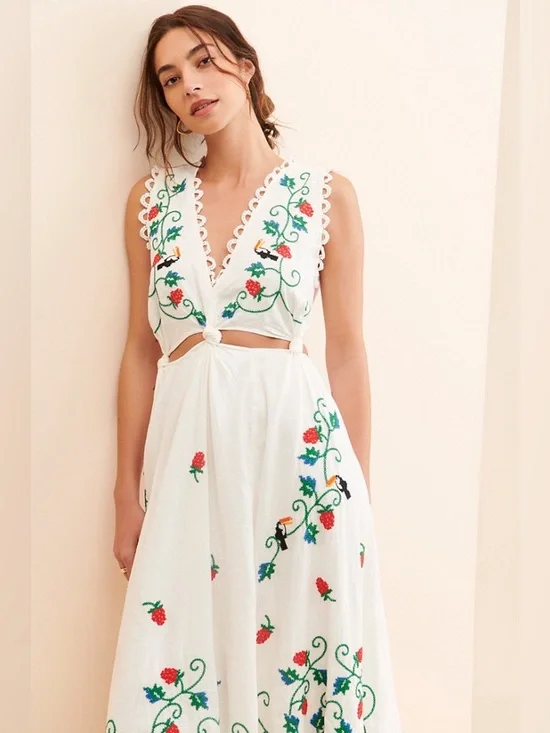 FARM Rio Cross Stitch Toucan Embroidered Midi Dress in Off-White - Picture 3 of 9